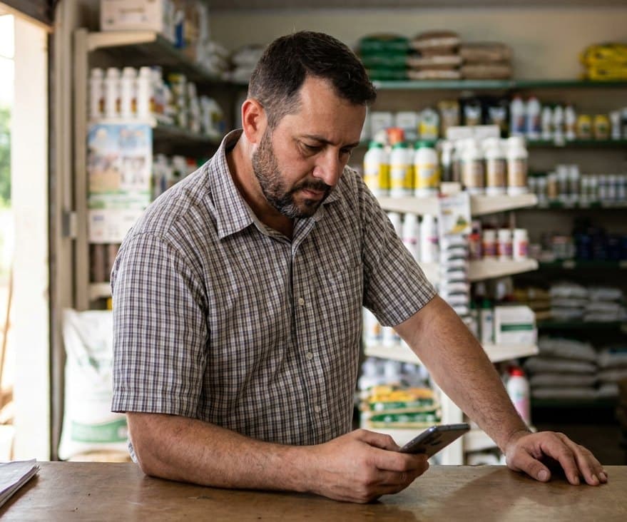 Dono de agropecuária atendendo um cliente pelo celular no balcão da loja
